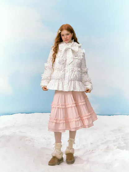Narrator. Original Design Floral Ruffled Lace Bow Hooded Down Jacket