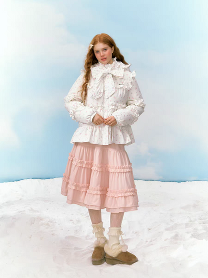 Narrator. Original Design Floral Ruffled Lace Bow Hooded Down Jacket