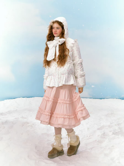 Narrator. Original Design Floral Ruffled Lace Bow Hooded Down Jacket