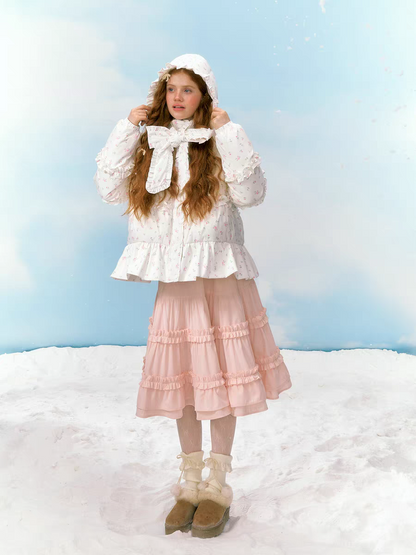 Narrator. Original Design Floral Ruffled Lace Bow Hooded Down Jacket