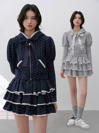 Narrator. Original Design Polka Dot Bow Zip Hoodie & Ruffle Tiered Mini Skirt Set