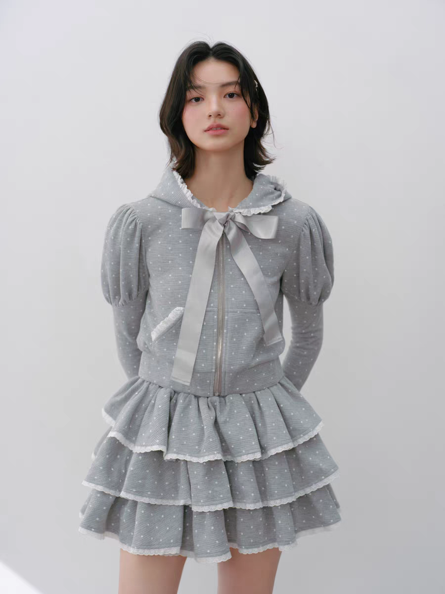 Narrator. Original Design Polka Dot Bow Zip Hoodie & Ruffle Tiered Mini Skirt Set