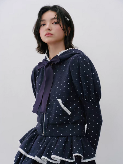 Narrator. Original Design Polka Dot Bow Zip Hoodie & Ruffle Tiered Mini Skirt Set