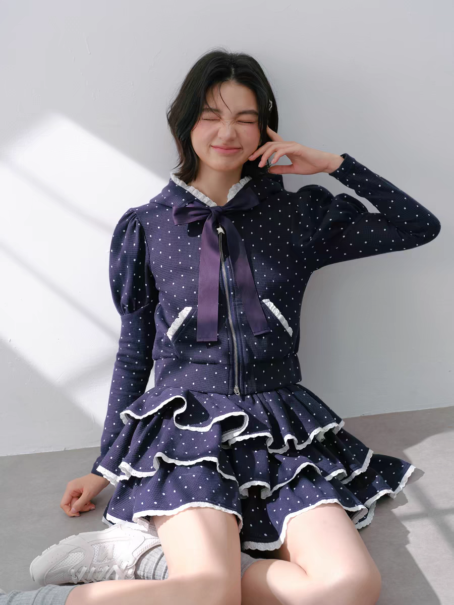 Narrator. Original Design Polka Dot Bow Zip Hoodie & Ruffle Tiered Mini Skirt Set
