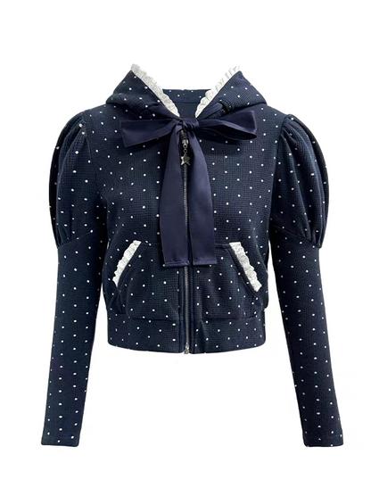 Narrator. Original Design Polka Dot Bow Zip Hoodie & Ruffle Tiered Mini Skirt Set