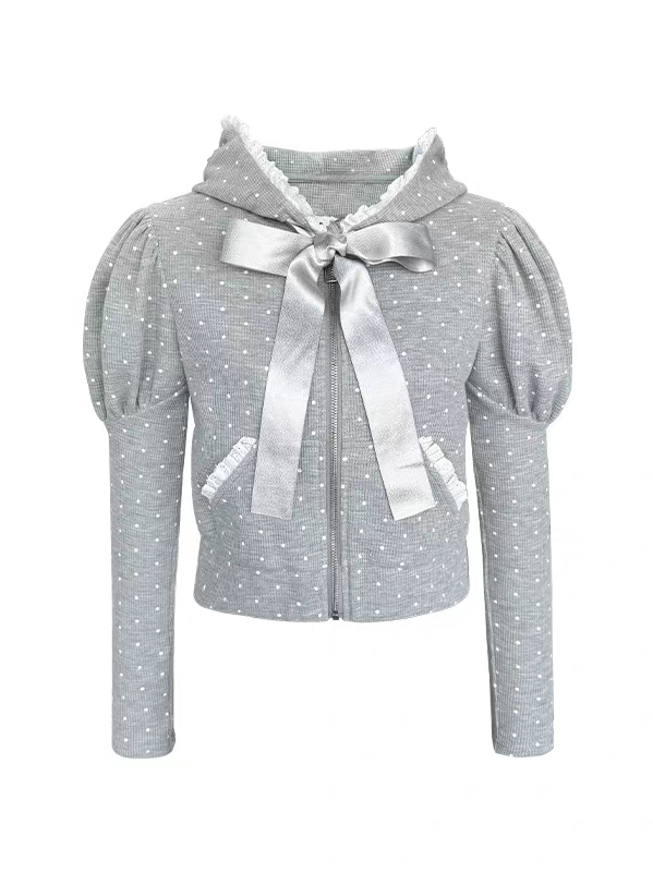 Narrator. Original Design Polka Dot Bow Zip Hoodie & Ruffle Tiered Mini Skirt Set