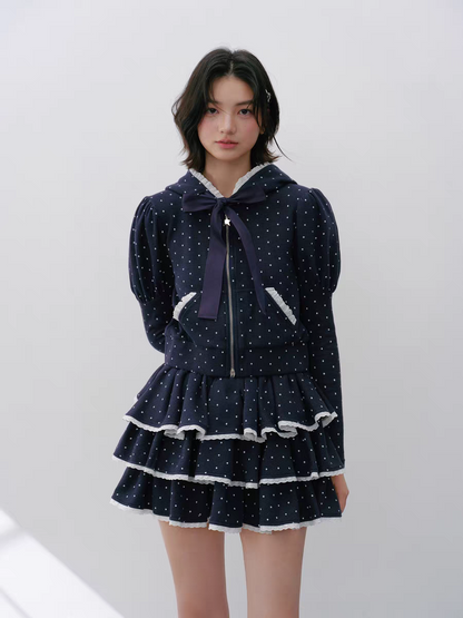 Narrator. Original Design Polka Dot Bow Zip Hoodie & Ruffle Tiered Mini Skirt Set