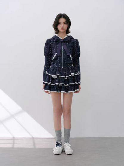 Narrator. Original Design Polka Dot Bow Zip Hoodie & Ruffle Tiered Mini Skirt Set