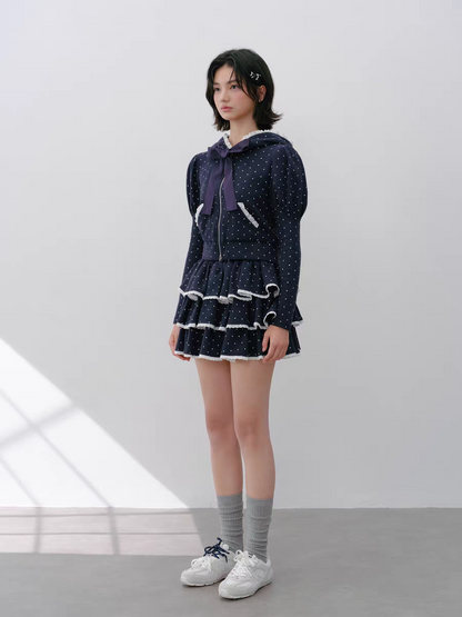 Narrator. Original Design Polka Dot Bow Zip Hoodie & Ruffle Tiered Mini Skirt Set