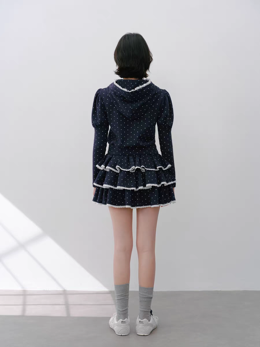 Narrator. Original Design Polka Dot Bow Zip Hoodie & Ruffle Tiered Mini Skirt Set