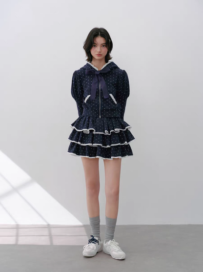 Narrator. Original Design Polka Dot Bow Zip Hoodie & Ruffle Tiered Mini Skirt Set