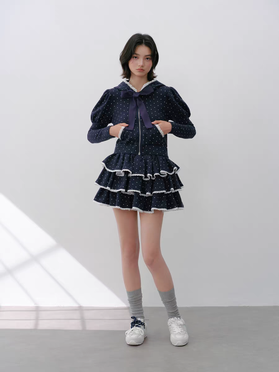 Narrator. Original Design Polka Dot Bow Zip Hoodie & Ruffle Tiered Mini Skirt Set