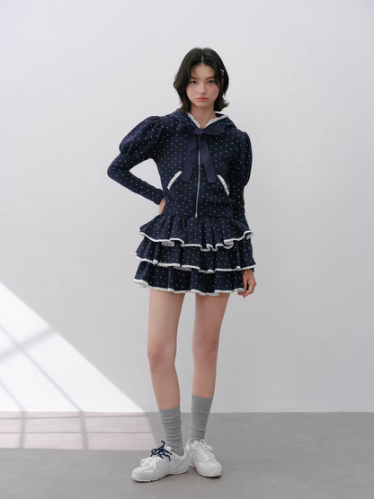 Narrator. Original Design Polka Dot Bow Zip Hoodie & Ruffle Tiered Mini Skirt Set