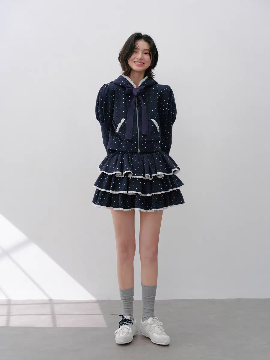 Narrator. Original Design Polka Dot Bow Zip Hoodie & Ruffle Tiered Mini Skirt Set