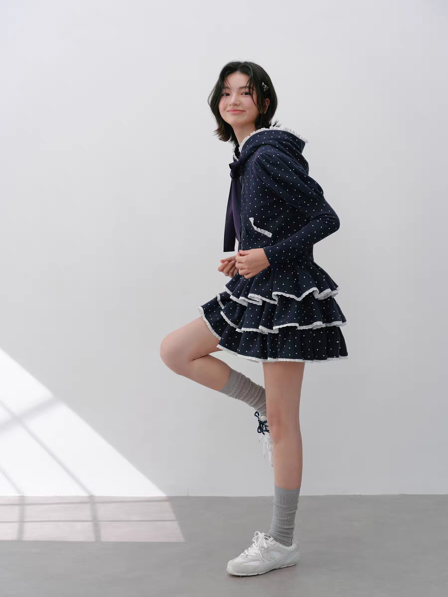 Narrator. Original Design Polka Dot Bow Zip Hoodie & Ruffle Tiered Mini Skirt Set