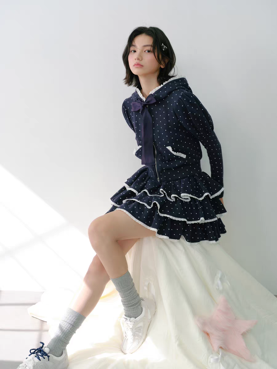 Narrator. Original Design Polka Dot Bow Zip Hoodie & Ruffle Tiered Mini Skirt Set