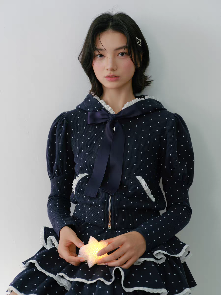 Narrator. Original Design Polka Dot Bow Zip Hoodie & Ruffle Tiered Mini Skirt Set