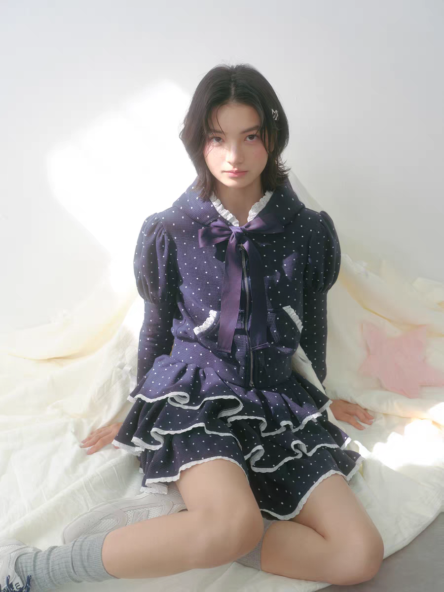 Narrator. Original Design Polka Dot Bow Zip Hoodie & Ruffle Tiered Mini Skirt Set