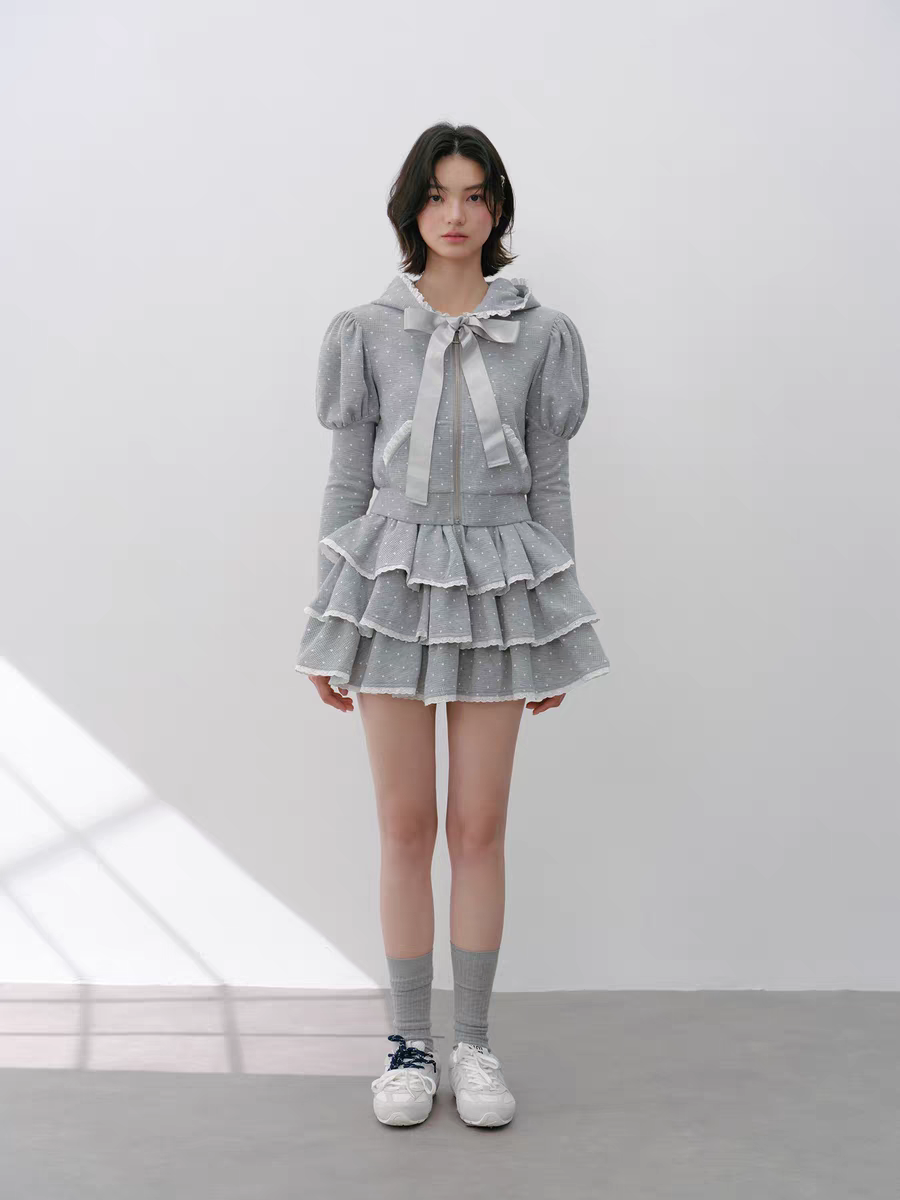 Narrator. Original Design Polka Dot Bow Zip Hoodie & Ruffle Tiered Mini Skirt Set