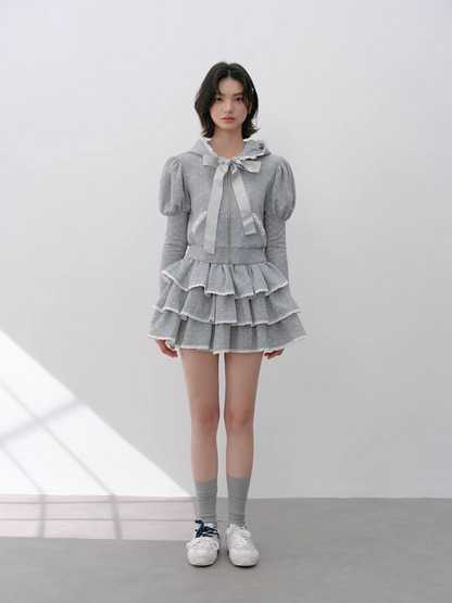 Narrator. Original Design Polka Dot Bow Zip Hoodie & Ruffle Tiered Mini Skirt Set