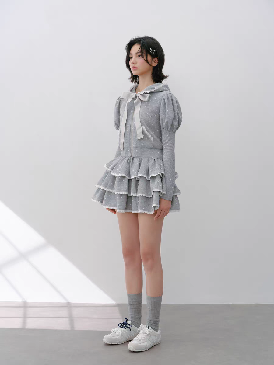 Narrator. Original Design Polka Dot Bow Zip Hoodie & Ruffle Tiered Mini Skirt Set