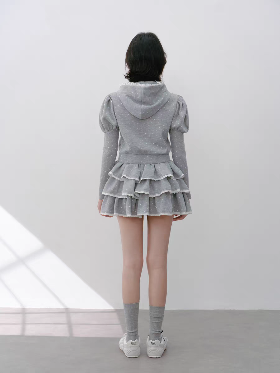 Narrator. Original Design Polka Dot Bow Zip Hoodie & Ruffle Tiered Mini Skirt Set