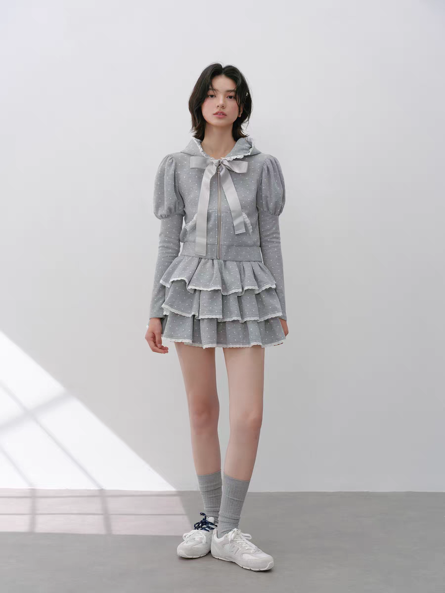 Narrator. Original Design Polka Dot Bow Zip Hoodie & Ruffle Tiered Mini Skirt Set