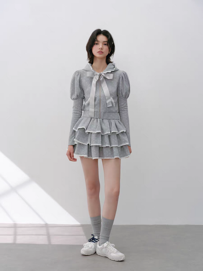 Narrator. Original Design Polka Dot Bow Zip Hoodie & Ruffle Tiered Mini Skirt Set