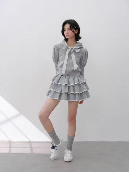Narrator. Original Design Polka Dot Bow Zip Hoodie & Ruffle Tiered Mini Skirt Set