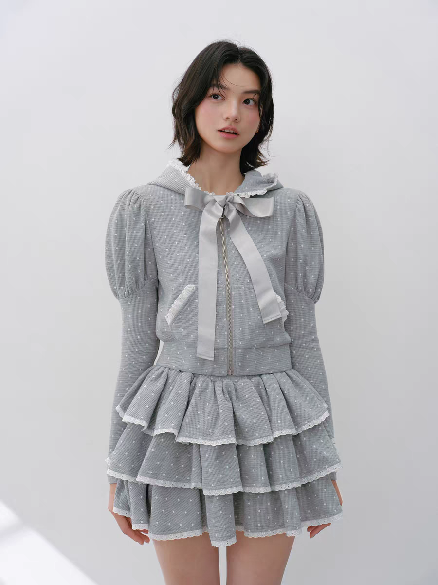 Narrator. Original Design Polka Dot Bow Zip Hoodie & Ruffle Tiered Mini Skirt Set