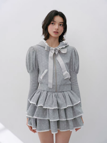 Narrator. Original Design Polka Dot Bow Zip Hoodie & Ruffle Tiered Mini Skirt Set