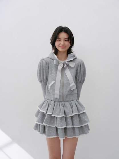 Narrator. Original Design Polka Dot Bow Zip Hoodie & Ruffle Tiered Mini Skirt Set