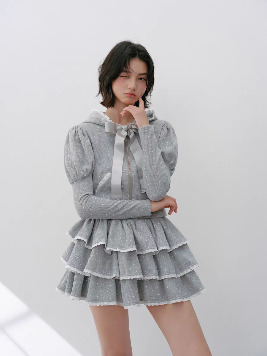 Narrator. Original Design Polka Dot Bow Zip Hoodie & Ruffle Tiered Mini Skirt Set
