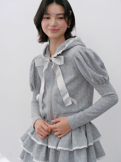 Narrator. Original Design Polka Dot Bow Zip Hoodie & Ruffle Tiered Mini Skirt Set