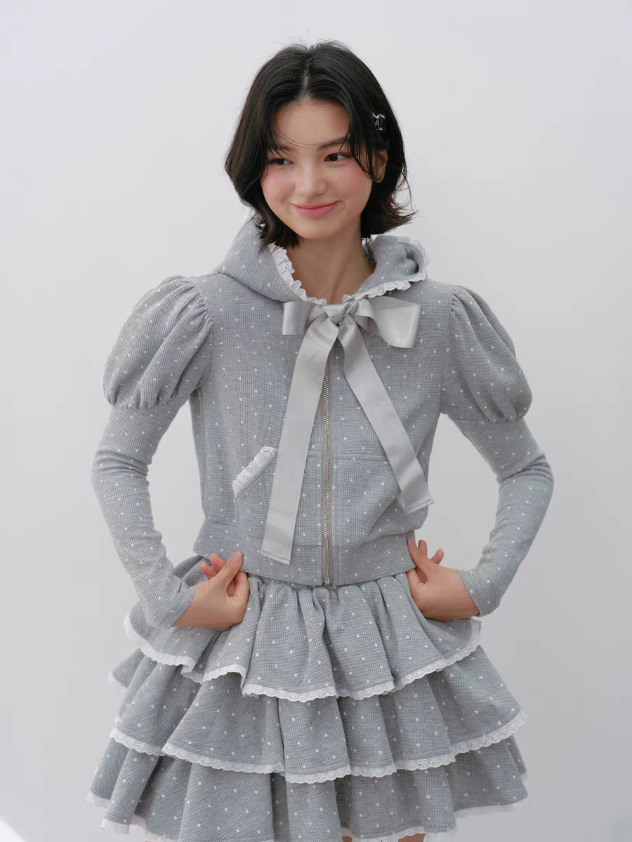 Narrator. Original Design Polka Dot Bow Zip Hoodie & Ruffle Tiered Mini Skirt Set