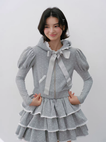 Narrator. Original Design Polka Dot Bow Zip Hoodie & Ruffle Tiered Mini Skirt Set