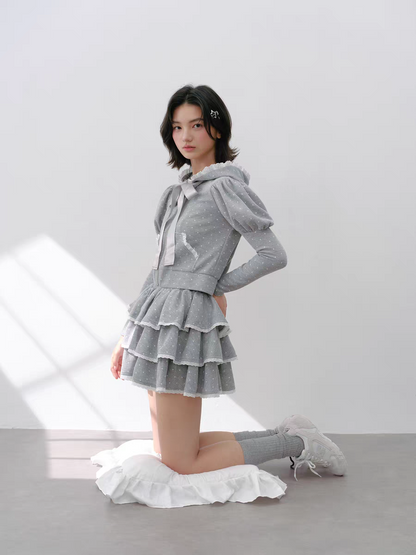 Narrator. Original Design Polka Dot Bow Zip Hoodie & Ruffle Tiered Mini Skirt Set