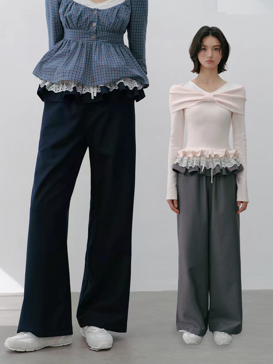 Narrator. Original Design Lace Trim Elastic Waist Wide Pants