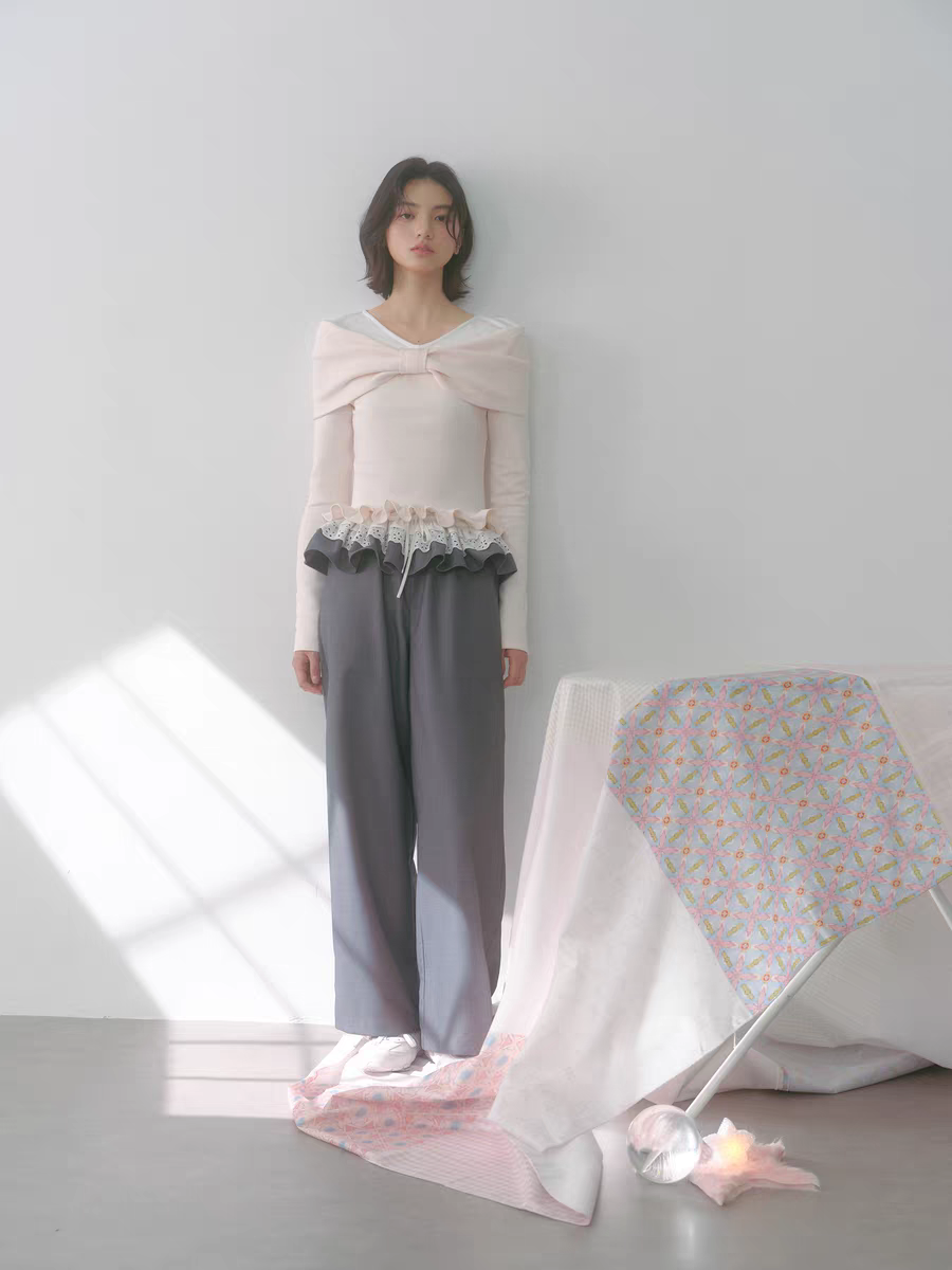 Narrator. Original Design Lace Trim Elastic Waist Wide Pants