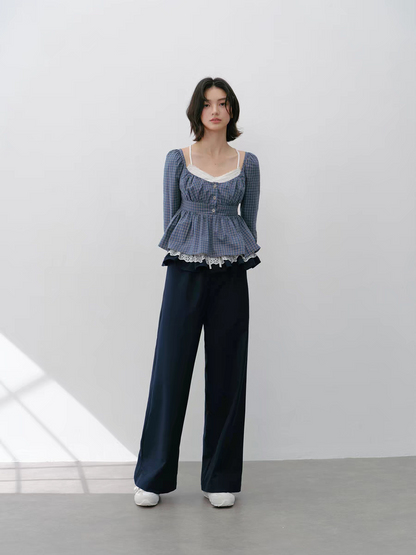 Narrator. Original Design Lace Trim Elastic Waist Wide Pants