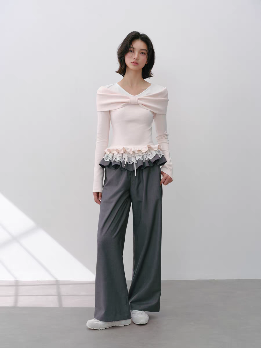Narrator. Original Design Lace Trim Elastic Waist Wide Pants