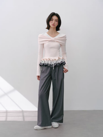 Narrator. Original Design Lace Trim Elastic Waist Wide Pants