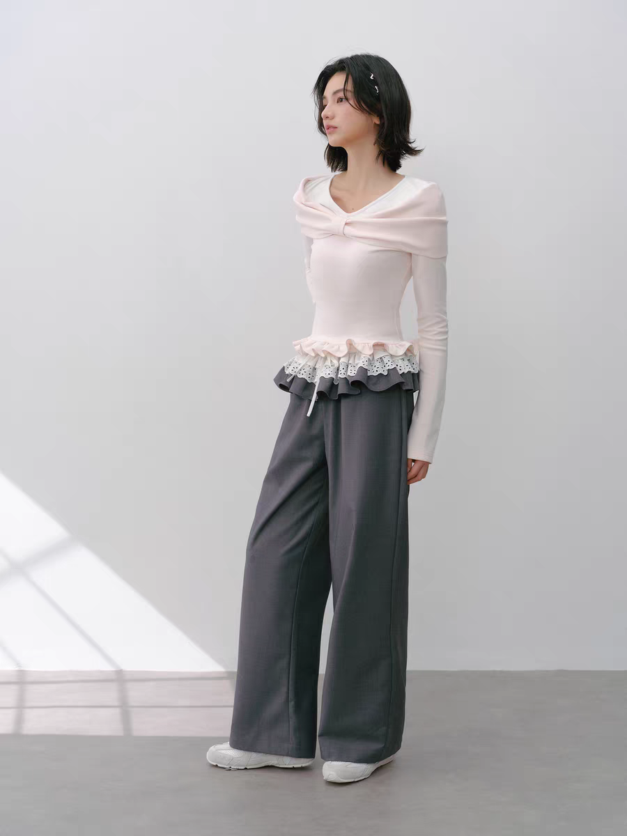 Narrator. Original Design Lace Trim Elastic Waist Wide Pants