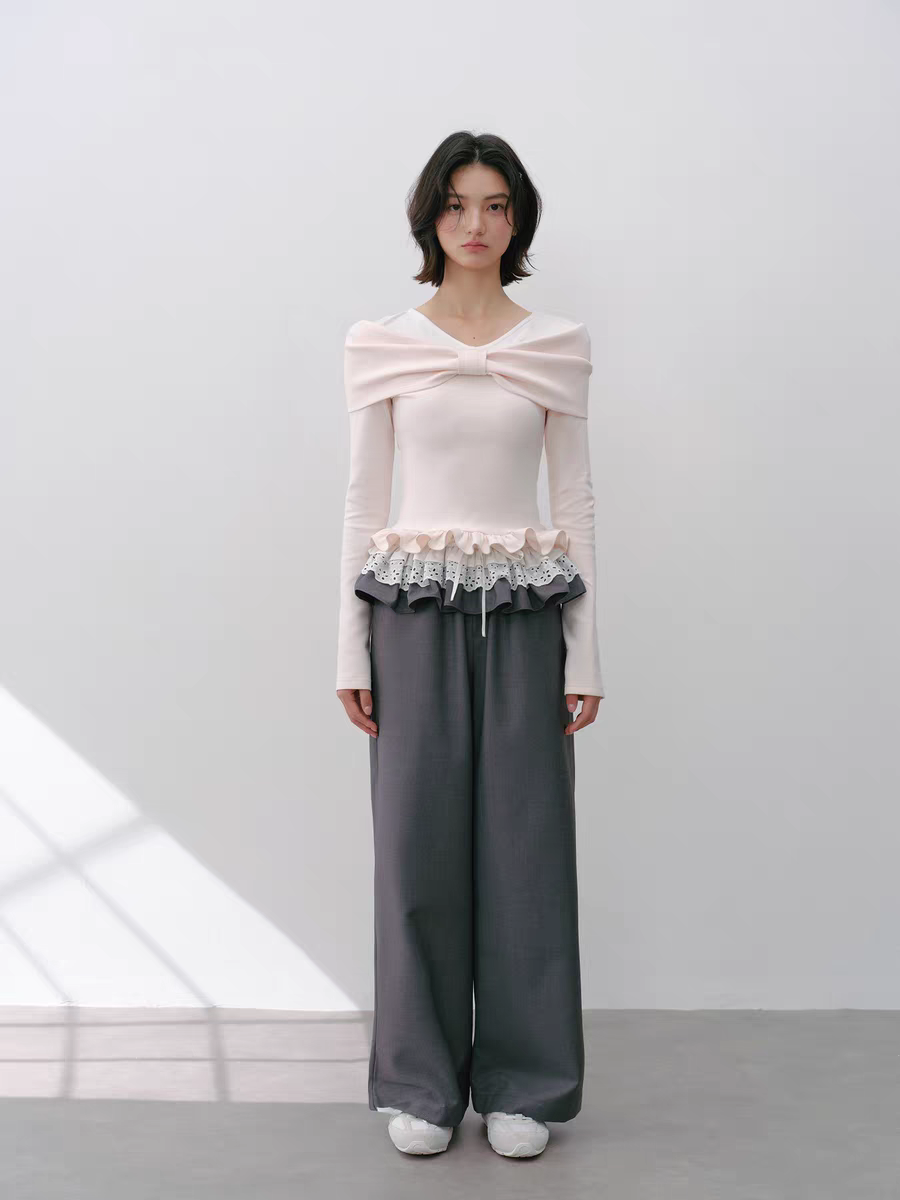 Narrator. Original Design Lace Trim Elastic Waist Wide Pants