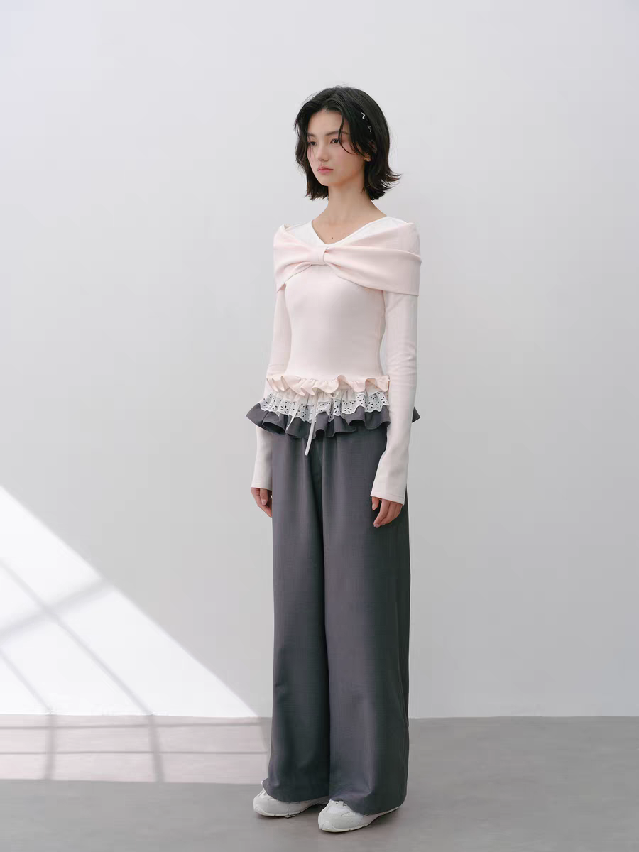 Narrator. Original Design Lace Trim Elastic Waist Wide Pants