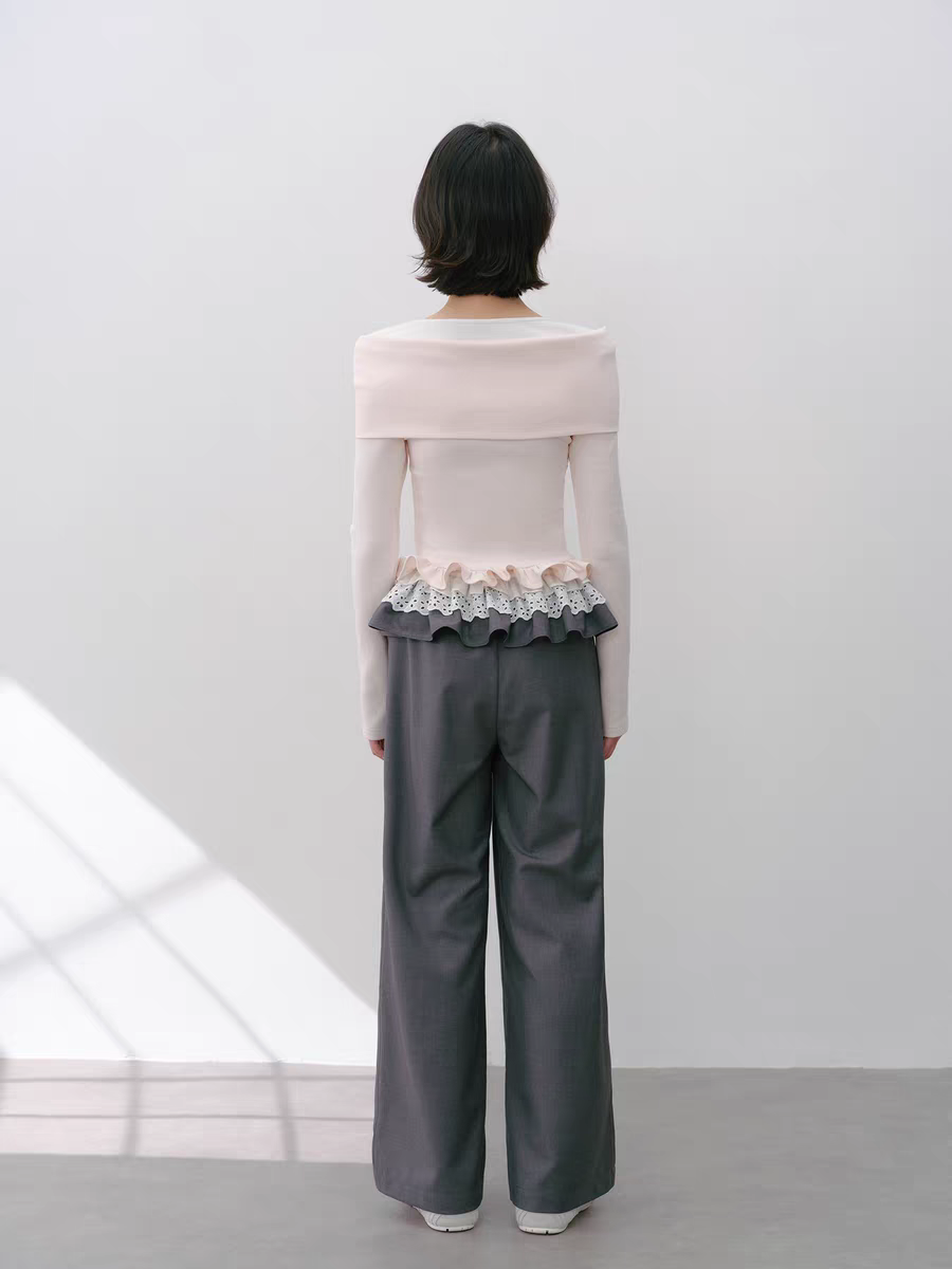 Narrator. Original Design Lace Trim Elastic Waist Wide Pants