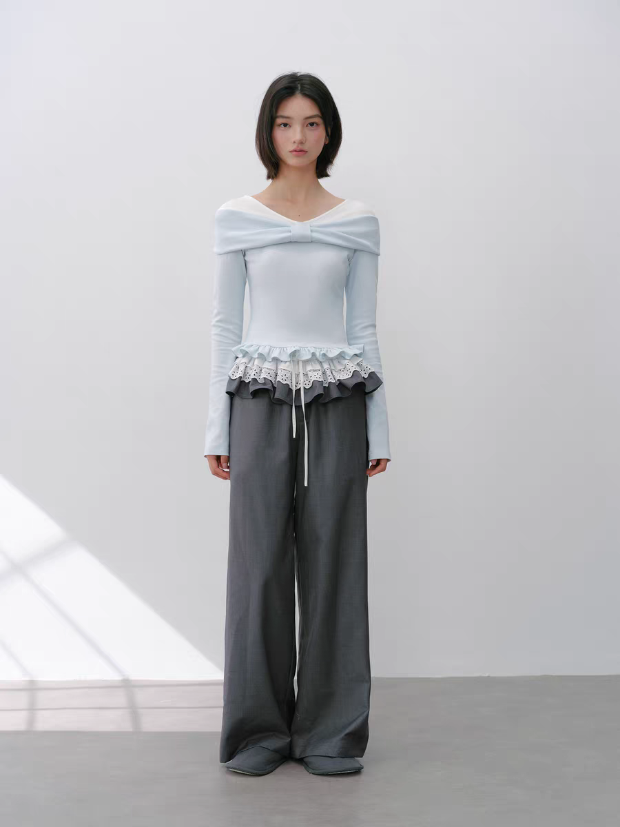 Narrator. Original Design Lace Trim Elastic Waist Wide Pants