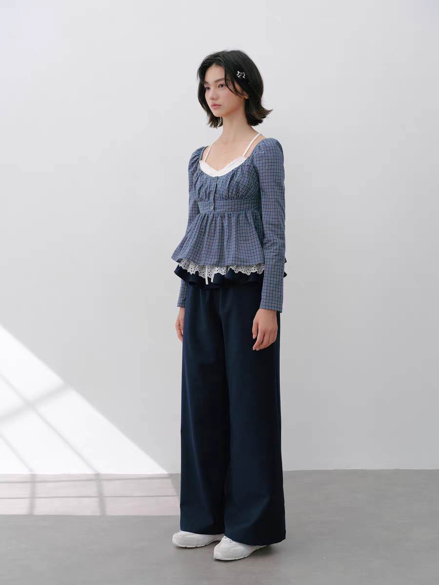 Narrator. Original Design Lace Trim Elastic Waist Wide Pants