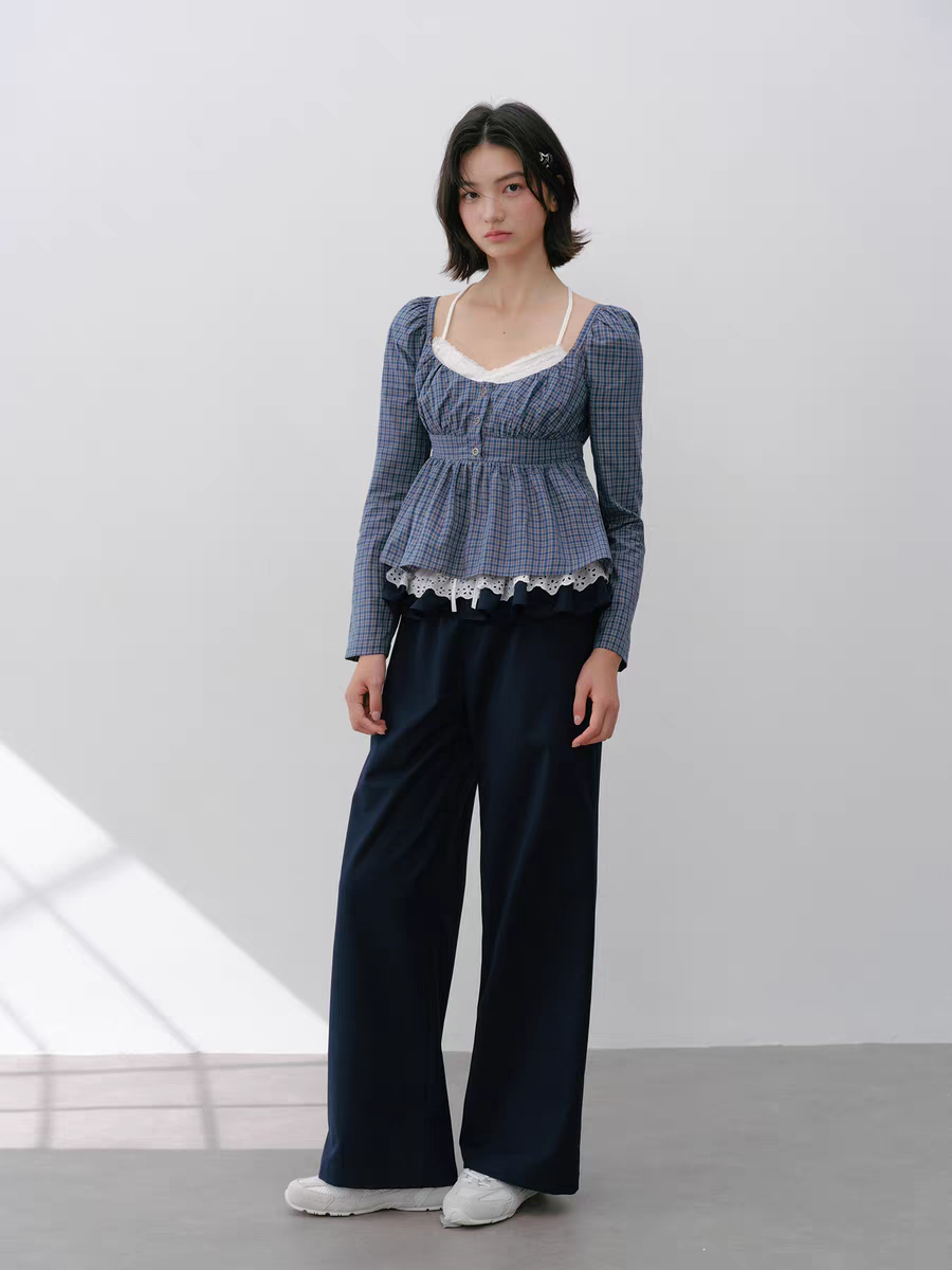 Narrator. Original Design Lace Trim Elastic Waist Wide Pants