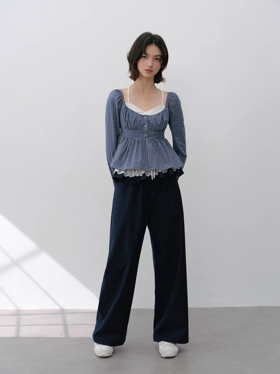 Narrator. Original Design Lace Trim Elastic Waist Wide Pants